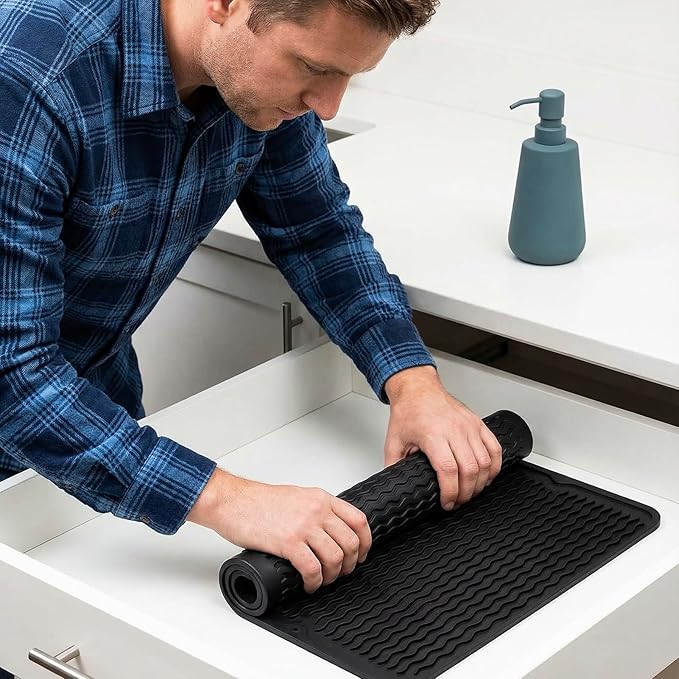 MicoYang Silicone Dish Drying Mat for Multiple Usage,Easy clean,Eco-friendly,Heat-resistant Silicone Mat for Kitchen Counter or Sink,Refrigerator or drawer liner Black L 16 inches x 12 inches