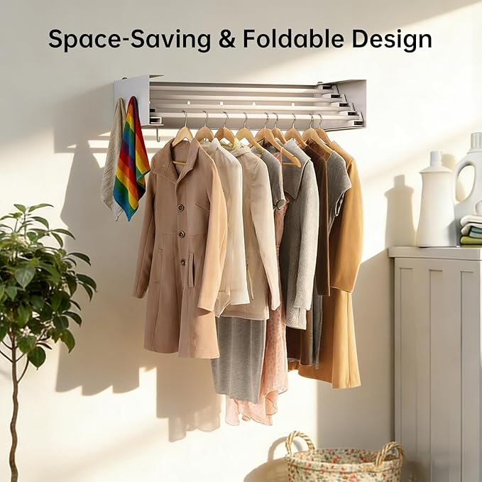 Wall Mounted Drying Rack with Hooks - Retractable Clothes Drying Rack with 4 Movable Hooks & 2 Knobs, 60LBS Heavy Duty Laundry Hanger, Foldable Wall Rack for Mudroom, Bathroom & Entryway