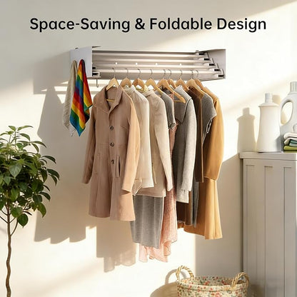 Wall Mounted Drying Rack with Hooks - Retractable Clothes Drying Rack with 4 Movable Hooks & 2 Knobs, 60LBS Heavy Duty Laundry Hanger, Foldable Wall Rack for Mudroom, Bathroom & Entryway