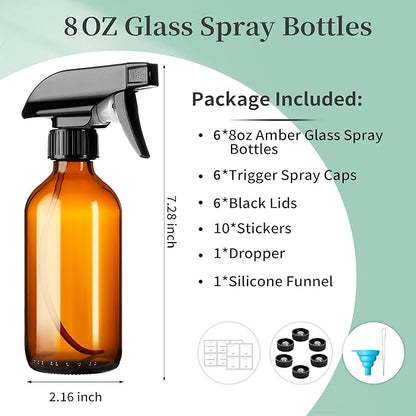 GIVAMEIHF 8oz Amber Glass Spray Bottles,6 Pack Glass Spray Bottles Refillable Empty Bottle with Adjustable Nozzle,Spray Bottle for Essential Oils,Cleaning Solutions,Pets,Hair Mister,Gardening