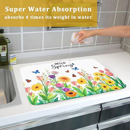Hello Spring Flowers Green Dish Drying Mat 18 x 24 Inch With Absorbent Reversible Microfiber Butterfly Floral Spring Summer Drying Mats Fast Dry Pad Draining Mat For Kitchen Countertop