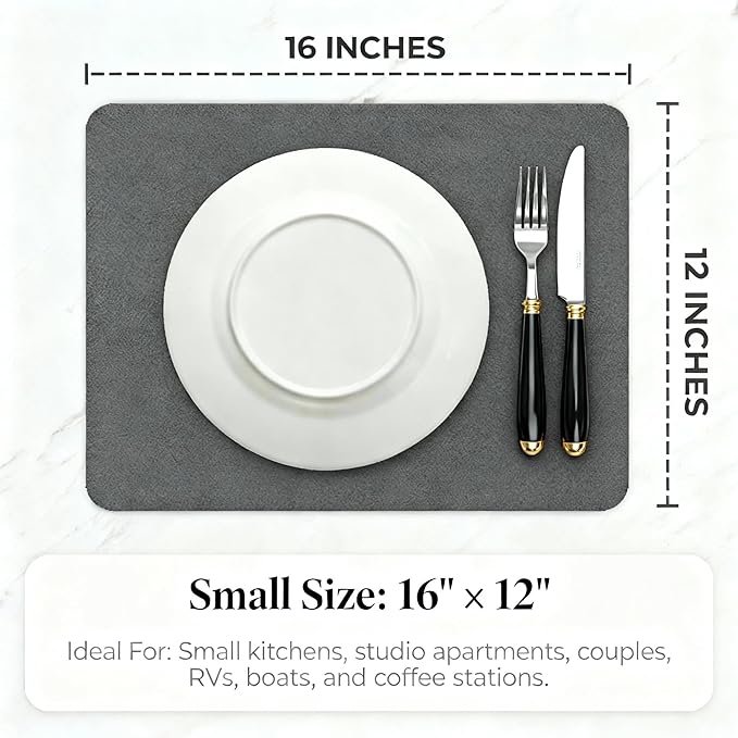 Dish Drying Mat Super Absorbent – 16" x 12" Coffee Mat for Countertops – Non-Slip Drying Mat for Kitchen Counter – Easy to Clean Water Absorbent Mat – Quick Dry Dish Drying Mats (Dark Gray)