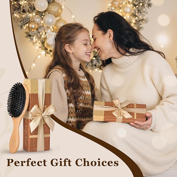 BLACK EGG Boar Bristle Hair Brush for Women Men Kid, Soft Natural Bristles Brush for Thin and Fine Hair, Restore Shine and Texture, Set includes Bamboo comb and 3 hair ties, Excellent Gift Idea