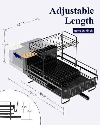 Kitsure Large Dish Drying Rack - Extendable Dish Rack, Multifunctional Dish Rack for Kitchen Counter, Anti-Rust Dish Drainers with Cutlery & Cup Holders 19.2"-26.7" L x 12.9" W x 13.6" H, Black