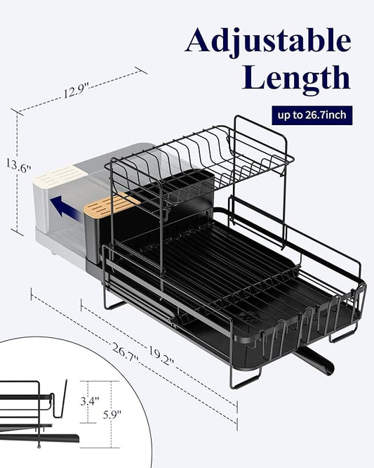 Kitsure Large Dish Drying Rack - Extendable Dish Rack, Multifunctional Dish Rack for Kitchen Counter, Anti-Rust Dish Drainers with Cutlery & Cup Holders 19.2"-26.7" L x 12.9" W x 13.6" H, Black