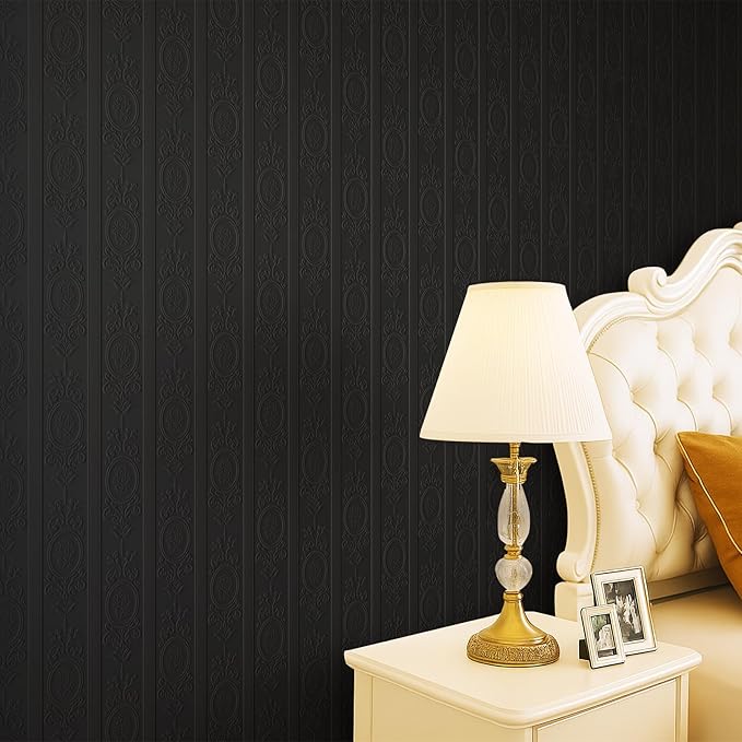 JiffDiff Wallpaper Peel and Stick Textured, 3D Black Embossed Wall Paper Stick on Wallpaper Modern Waterproof Self Adhesive Contact Paper(17.3" x 120")