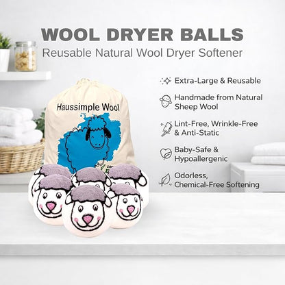 Wool Dryer Balls 6-Pack 100% Natural New Zealand Wool, Handmade in Nepal Reusable Laundry Balls, Faster Drying, Softer Clothes, Anti-Static, Dryer Sheets Alternative (Sheep)