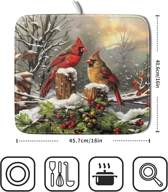 Winter Dish Drying Mat for Kitchen Counter 16x18 Inch Red Birds Cardinal Tree Christmas Theme Print Absorbent Reversible Microfiber Drying Mats Kitchen Countertop Protector Dishes Drainer Rack Pad