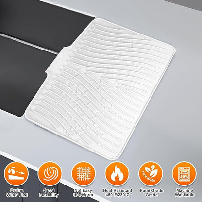 Silicone Dish Drying Mat for Kitchen Counter, Dish Drying Pad, Non-Slip Drain Pad with Built-in Drain, Heat Resistant Stone Drying Mat,Ivory-1Set-XL