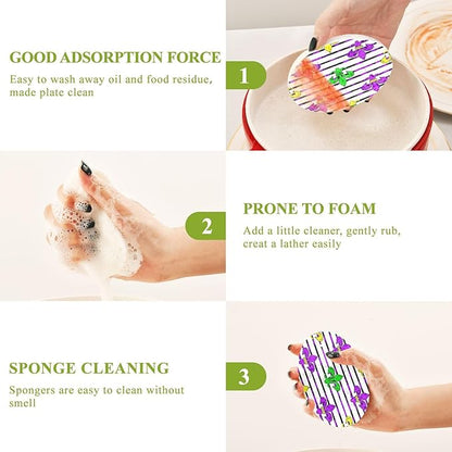Mardi Gras Kitchen Scrub Sponges, Pop-up Kitchen Cleaning Sponges Reusable Dish Washing Sponges for Bathroom Household Cleaning 3 Pack - Non Scratch Scrubber