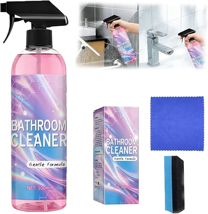 Bathroom Cleaner, All-Purpose Powerful Pink Bathroom Cleaner Spray Kit with Foam Descaler Spray, Microfiber Towel, and Scrub Sponge – Gentle Formula for Tubs, Tiles, Showers, and Glass Surfaces 300ml