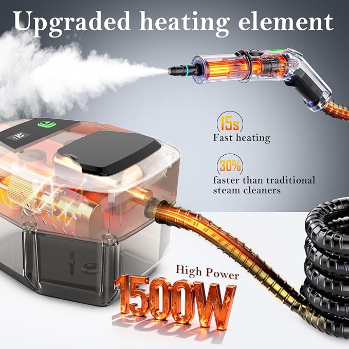 Steam Cleaner, 3-Level Adjustable Handle, 15s Heat-Up, Steamer for Cleaning With 1.8L Large Tank, Dry Burn Protection, Handheld Steam Cleaner for Home, Bathrooms, Tile,Grout,Car with 12pcs Accessories