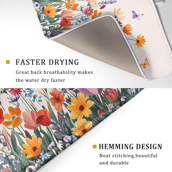 Kawani Spring Summer Flowers Dish Drying Mat for Kitchen Counter 18"x24" Colorful Floral Drying Mat Soft Absorbent Microfiber Farmhouse Fluttering Butterfly Dish Drainer Rack Mats for Counter tops