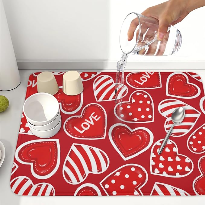 Valentines Day Dish Drying Mat for Kitchen Counter Red Polka Dot Stripe Love Heart Pattern Drying Mat 18x24 Inch Valentines Holiday Absorbent Dish Drainer Mat Kitchen Accessories