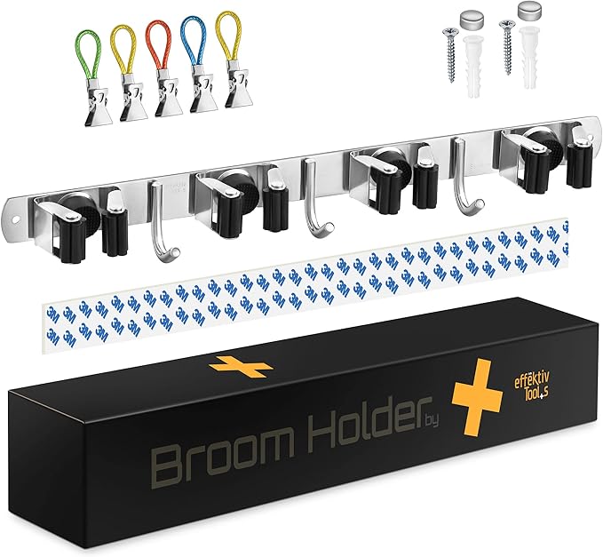 Mop and Broom Holder Wall Mount – Self-Adhesive Stainless Steel broom hanger organizer – 4 Clamps, 3 Hooks, 5 Towel Hanging Clips Mounting Screws – Holds Up to 40 Lbs
