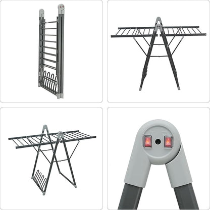 Electric Heating Clothes Drying Rack,Foldable Clothes Drying Rack,Suitable for Drying Clothes, Shoes and Socks.Plug & Play,Space Gray,Aluminum Alloy,One-Click Switch(39.37×52.56×25.98in)