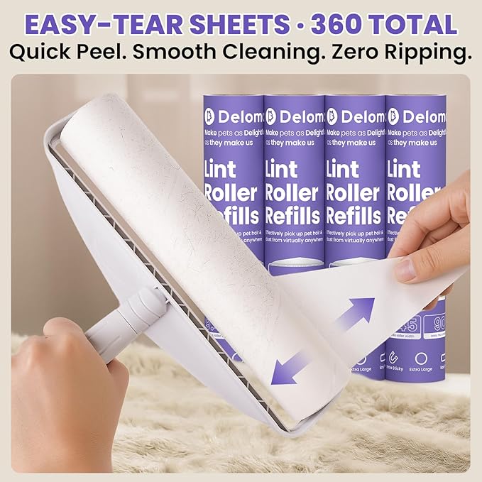 Two Large Lint Roller Set for Pet Hair: DELOMO 9.45” Extra-Wide Sticky Rollers - Long Handle for Floors & Carpets and Short Handle for Couches & Furniture - 360 Sheets Total - for Multi-Pet Homes