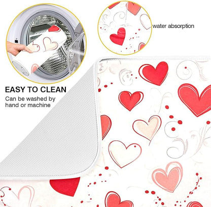 Happy Valentine’s Day Dish Drying Mat for Kitchen Countertop 18x24 Love Heart Red Pink Large Drying Mat Reusable Quick Dry Dish Sink Mats Easy Clean Decorative Essentials