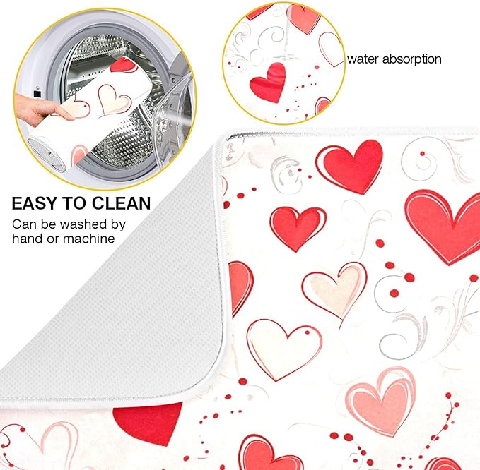 Happy Valentine’s Day Dish Drying Mat for Kitchen Countertop 16x18 Love Heart Red Pink Small Drying Mat Reusable Quick Dry Dish Sink Mats Easy Clean Decorative Essentials