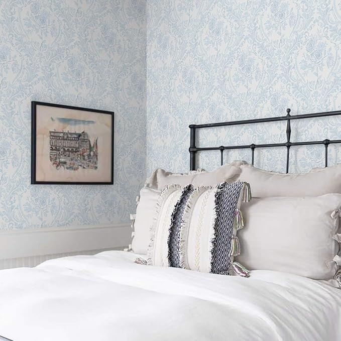 Ismoon Floral Peel and Stick Wallpaper Blue Contact Paper Boho Watercolor Damask Wallpaper Vintage Textured Removable Self Adhesive Vinyl Wall Paper Renter Friendly, 17.3inX49ft
