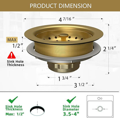 Kitchen Sink Drain Gold Sink Drain Strainer with Fixed Post 3-1/2 Inch Kitchen Drain Assembly with Strainer Basket and Drain Stopper for Standard Kitchen Sink Stainless Steel Brushed Gold