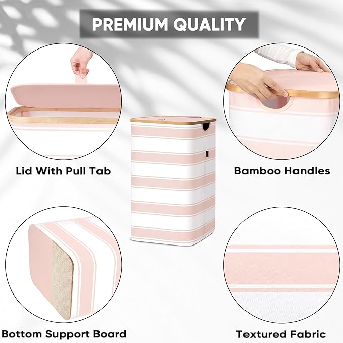 BALEINE Laundry Hamper with Lid, Tall Laundry Baskets with Bamboo Pull Handles, Large Laundry Bin with Internal Support (26 Gal/100L, Pink Stripe)