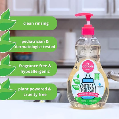Dapple Baby Bottle Soap, Hypoallergenic Dish Soap for Baby Bottles, Powered by Plants, 1 Pump Included, Packaging May Vary, Fragrance Free, 16.9 Fl Oz (Pack of 3)