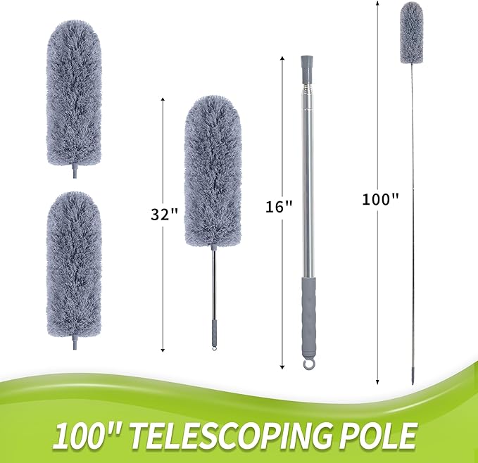 Duster with Extension Pole for Cleaning (2 Microfiber Heads Kit), 100" Long Feather Duster for High Ceilings with Washable Head, Cleaning Supplies for Housekeeping, Ceiling Fan, Furniture