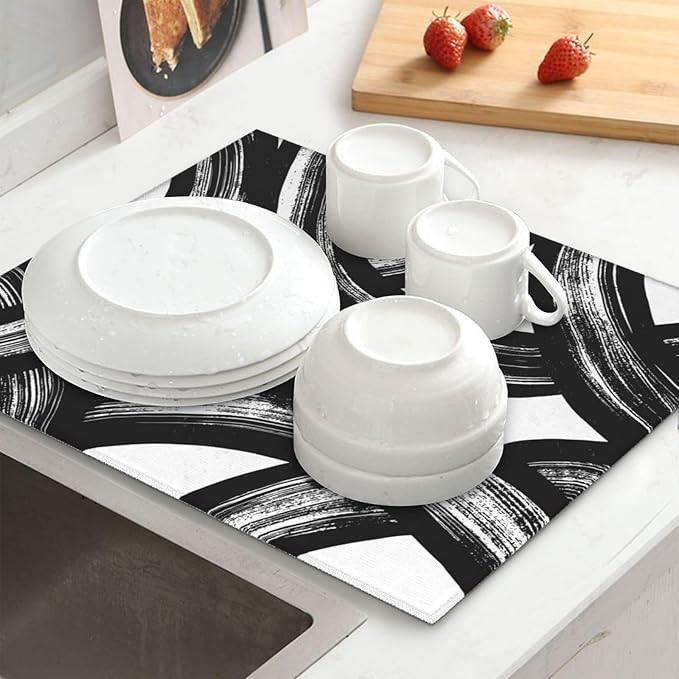 Black and White Abstract Curved Dish Drying Mats, Absorbent Microfiber Modern Drying Pad for Kitchen Counter, Washable Reversible Foldable, 16 x 18 Inch for Dishes, Sink, Utensils, Home Decor, Black