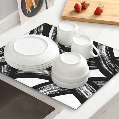 Black and White Abstract Curved Dish Drying Mats, Absorbent Microfiber Modern Drying Pad for Kitchen Counter, Washable Reversible Foldable, 16 x 18 Inch for Dishes, Sink, Utensils, Home Decor, Black