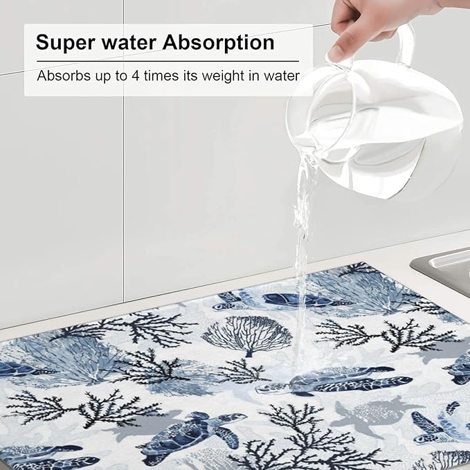 Navy Blue White Sea Turtle & Coral Dish Drying Mats for Kitchen Counter & Sink, Absorbent Microfiber Drying Pad for Dishes, Foldable Nautical Kitchen Mat for Dining Area & Home Decor, 18" x 24"