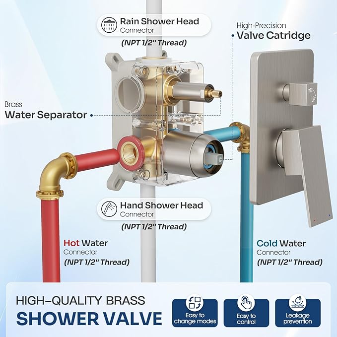 Ceiling Mount Shower System, Shower Faucet Set with 12-Inch Rain Showerhead and Handheld Spray Combo, High-Pressure Showerheads Set with Valve and Trim Kit, Brushed Nickel