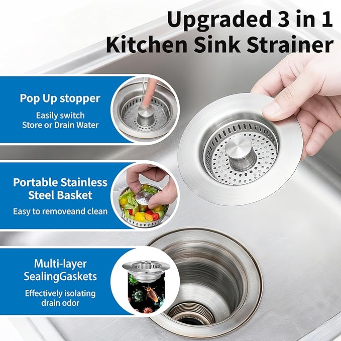 3-in-1 Kitchen Sink Drain Strainer & Sink Stopper 2 Pack : 304 Stainless Steel Sink Drain Strainer, Pop-Up Anti-Clog Design, Fits Standard 3-1/2'' Sink Drains