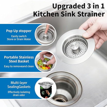 3-in-1 Kitchen Sink Drain Strainer : Pop Up Sink Stopper, 304 Stainless Steel Sink Drain Strainer, Kitchen Sink Stopper with Anti-Clogging Design, Kitchen Sink Strainer Fits US Standard 3-1/2'' Drains