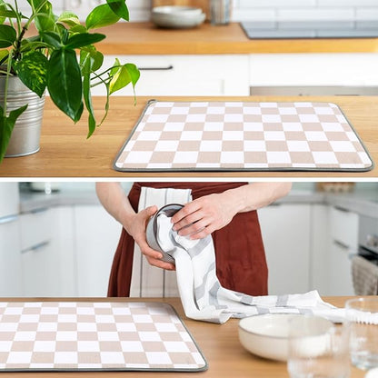 Zonon Dish Drying Mat for Kitchen Counter 16 x 24 Microfiber Absorbent Dish Drainer Rack Pads Fast Dry Mat Vintage Kitchen Decorations(Beige,16" X 24",Checkered)