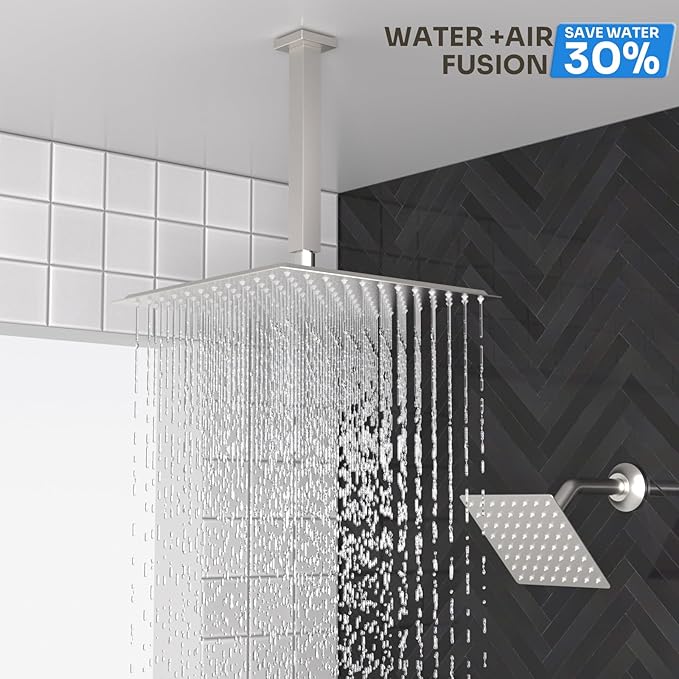 Enga Dual Shower Head Shower System with Body Jets, 12" Ceiling Mounted Rain Shower Head & 6" Wall Mounted Head Full Body Rainfall Shower Faucet with Valve Kit, Brushed Nickel