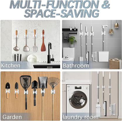 3-H 24-Pack Self Adhesive Broom Holder Wall Mount - Heavy Duty No Drill Broom Organizer for Garage Closet Kitchen, Plastic Storage Rack for Brooms Mops Tools, Peel and Stick Adhesive, White