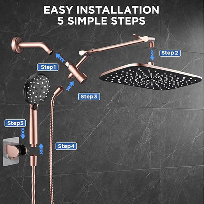 Veken 11.8" Rain Shower Head with Handheld, High Pressure Handheld Shower with Multi Spray Modes, Rainfall Combo with Metal Extension Arm, Detachable Dual Showerhead, Bathroom Decor, Rose Gold