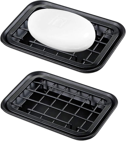Kitchen and Bathroom Soap Dish Tray - Metal 2-Piece Soap Dish Tray with Drainage Grid and Holder for Kitchen Sink Countertops to Store Soap, Sponges, Scrubbers - Rust Resistant - 2 Pack (Black)