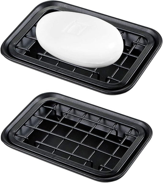 Kitchen and Bathroom Soap Dish Tray - Metal 2-Piece Soap Dish Tray with Drainage Grid and Holder for Kitchen Sink Countertops to Store Soap, Sponges, Scrubbers - Rust Resistant - 2 Pack (Black)