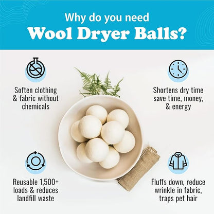 Reusable Wool Dryer Balls w/Essential Oils Bundle XL-6 Pack with 2 Essential Oils, Eco-Friendly Wrinkle Reducer Wool Dryer Balls Handmade & Hypoallergenic Natural Fabric Softener|Ocean & Lavender Oil