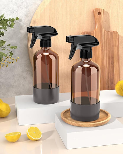 Bontip Glass Spray Bottle with Silicone Sleeve Protection, Amber Glass Spray Bottle Set for Window Cleaner Aromatherapy Facial Hydration Watering Flowers Hair Care 2 Pack/16 oz (Grey, 16 oz)