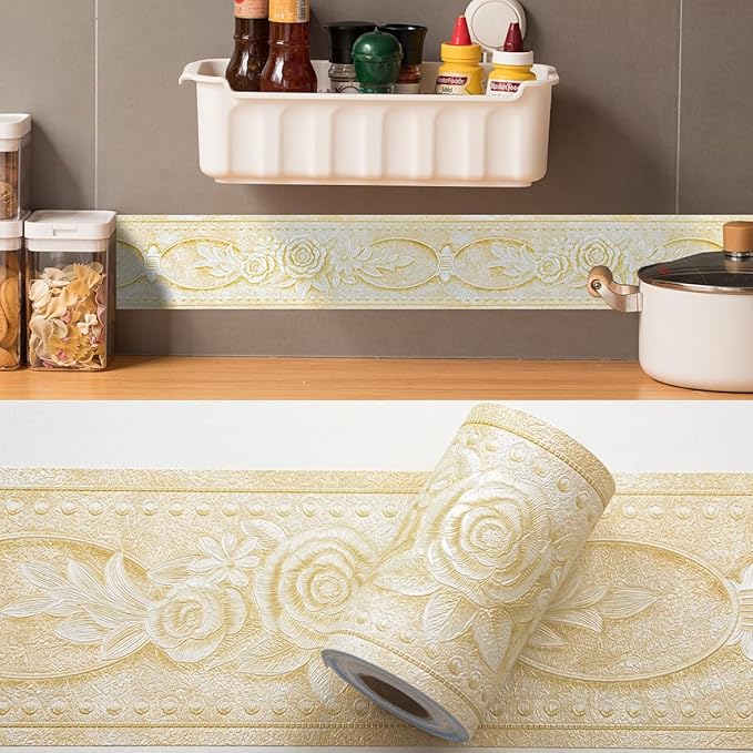 AbaBoorty Beige Floral Wallpaper Border Decor 394"X4.1" Peel and Stick Wall Border Waterproof Tiles Sticker Wallpaper Self Adhesive Removable Wall Stickers for Bedroom Living Room Decor