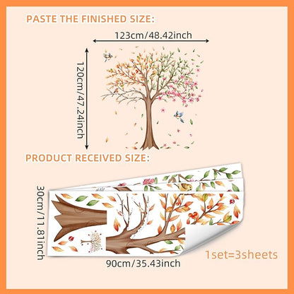 3 Sheets Large Tree Wall Decals Stickers Removable Floral Murals Peel and Stick Colorful Tree of Life Art Vinyl Living Room Decor with Flowers & Birds for Classroom Girls Bedroom Kids Nursery Office