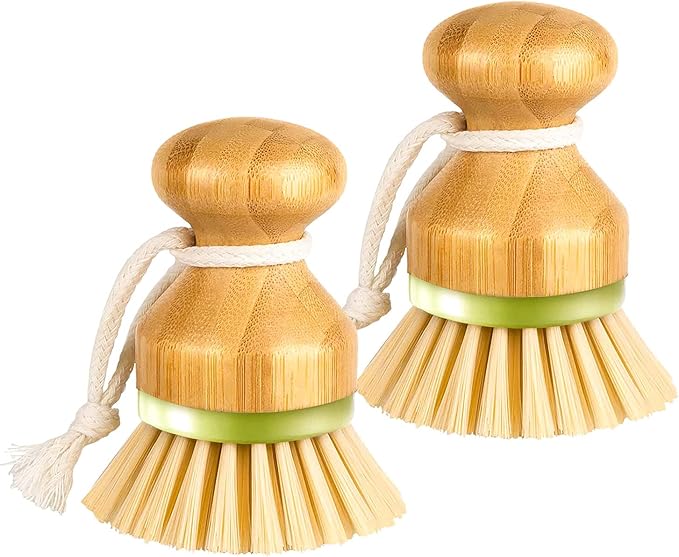 Bamboo Dish Brush, Scrub Brush for Dishes Pots Pans Kitchen Sink Cast Iron Skillet Cleaning, Pack of 2