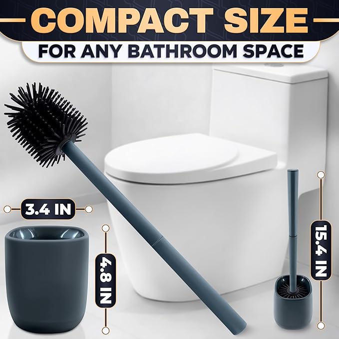 Toilet Brush and Holder Set - Silicone Toilet Brush Cleaner with Dark Grey Holder Base, Compact Accessory for Small Spaces - Easy to Place & Simple to Store After Use, Plastic Bathroom Cleaning Tool
