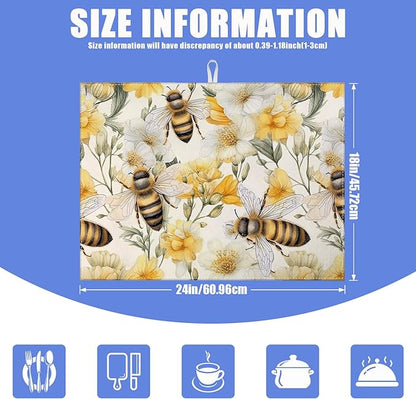 Watercolor Bee Floral Dish Drying Mat for Kitchen Counter Drying Pad Absorbent Reversible Dish Drainer Rack Mats Draining Pad 18"x24"Inch