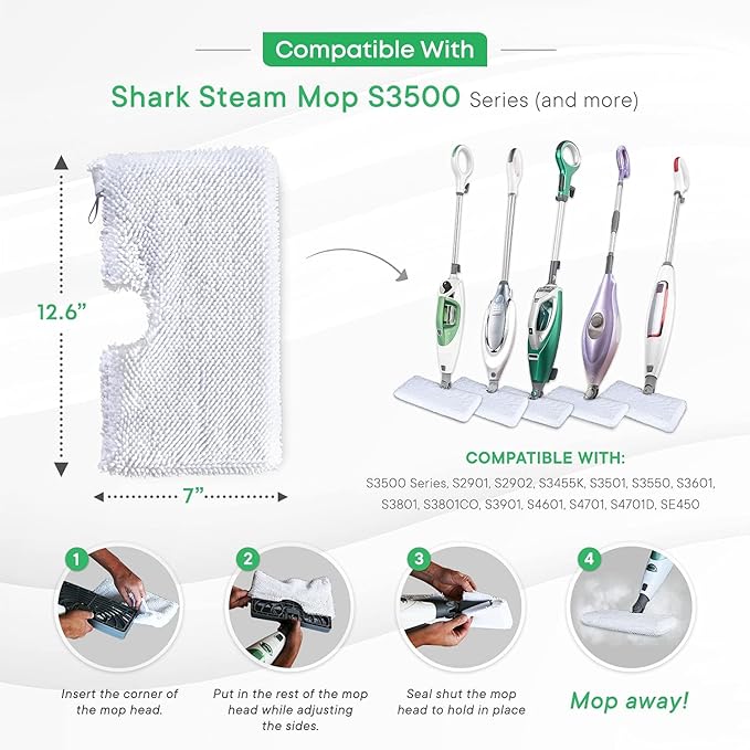 Turbo Microfiber Shark Steam Mop Replacement Pads, Professional Fit Series S3500 S2901 S2902 S3455K S3501 S3550 S3601 S3801 S3901 S4601 S4701 SE450, 4 Pack Replacement Microfiber Cloth Head Covers