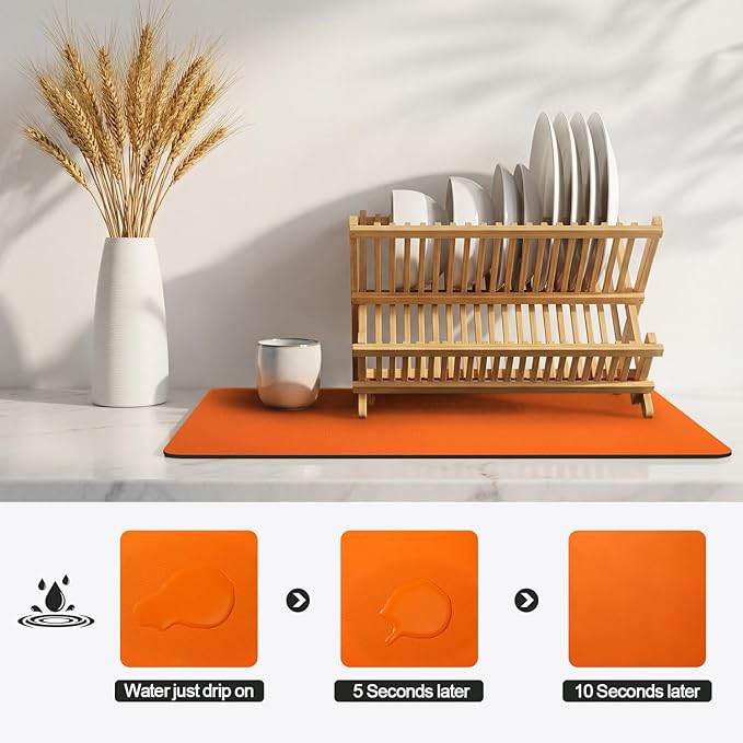 Ecotrim - Dish Drying Mat for Kitchen Counter | Coffee Bar Mat for Countertops | Heat Resistant Drainer Mat with Non-slip Rubber Backed | Hide Stain Kitchen Absorbent Draining Mat | Orange 18"x24"