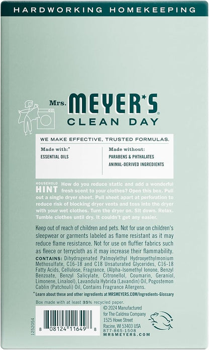 MRS. MEYER'S CLEAN DAY Dryer Sheets, Fabric Softener, Reduces Static, Infused with Essential Oils, Birchwood, 80 Count